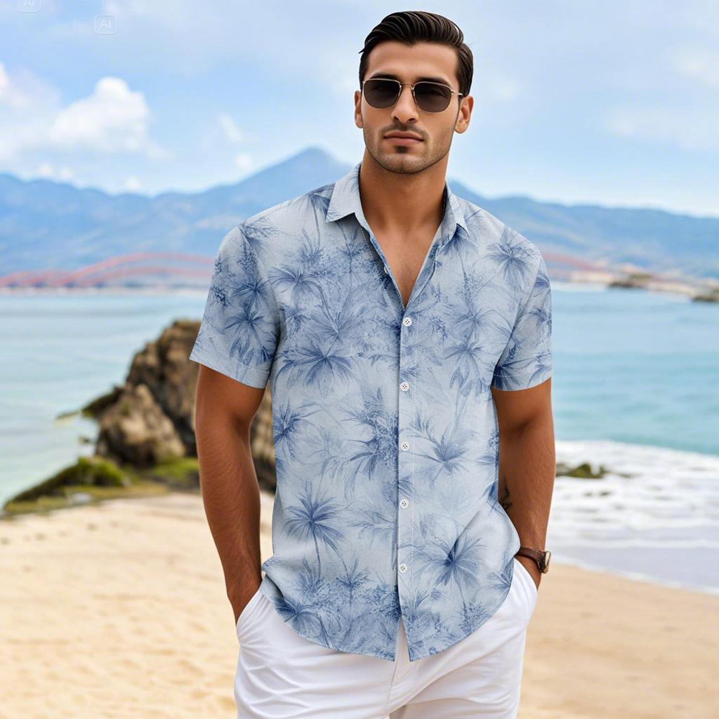 Men's Vintage Button Down Bowling Shirts Shhort Sleeve Summer Beach Shirt