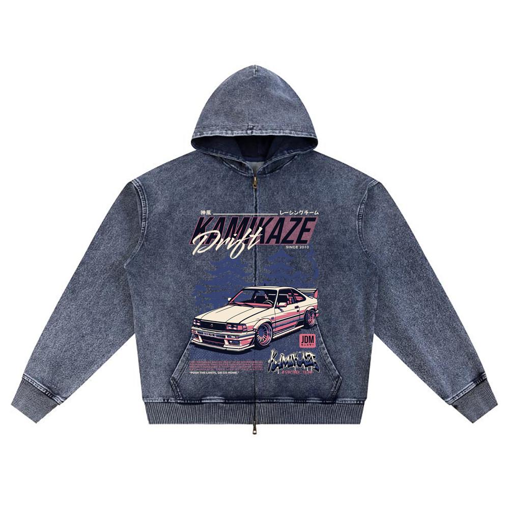 

DTG print Knitted Denim Zip-Up Hoodie Kamikaze Racing Team Brother Print Zipper Hoodies XL темно-синий
