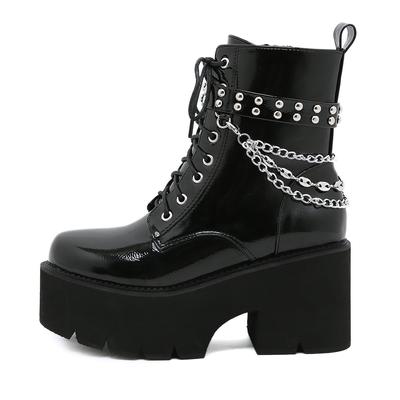 Mode Damenstiefel Punk-Stil Plateaustiefel Hochwertiges Leder Gothic Damen Stiefeletten Kette Klobige Dicke Sohle Stiefel Botas Mujer