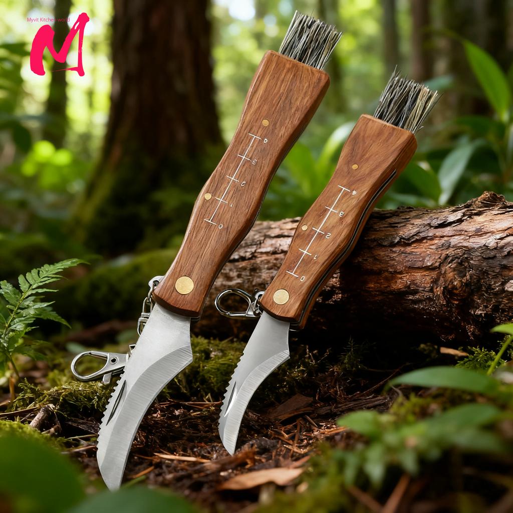 Mini Mushroom Knife Kitchen knives Stainless Steel Wooden Handle with keychain Brush Sharp Multifunctional Folding Knife Brush