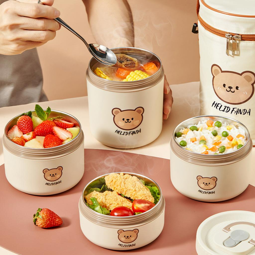 WORTHBUY Cute 304 Stainless Steel Thermal Bento Box With Handle Leak Proof Lunch Box Microwave Food Container For Students Adult