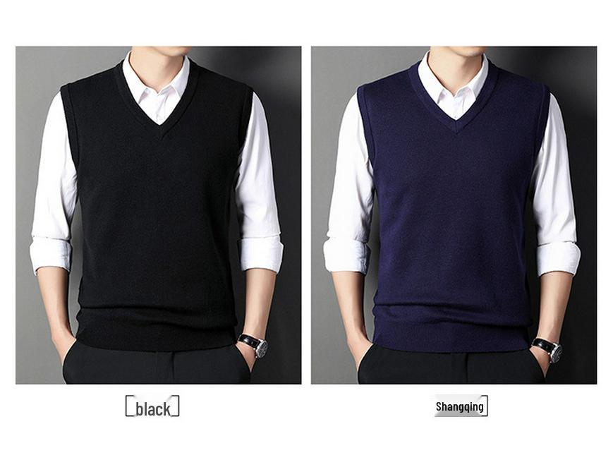 Men's V-Neck Knitted Vest: Thick Sleeveless Sweater for Autumn/Winter - Solid Color, Middle-Aged Business Style