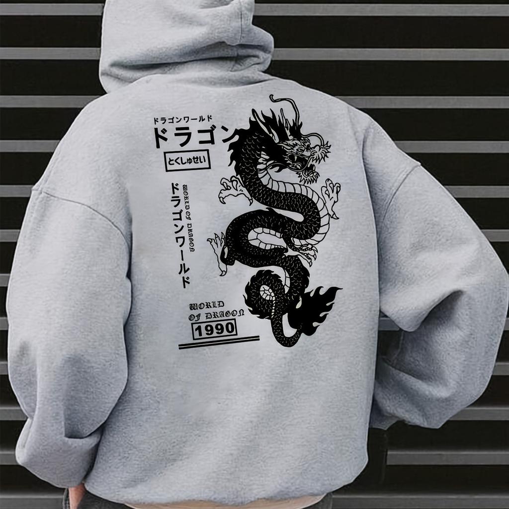 Men's long-sleeved hoodie with geometric dragon patterns machine-washable men's casual sweatshirt high-quality top
