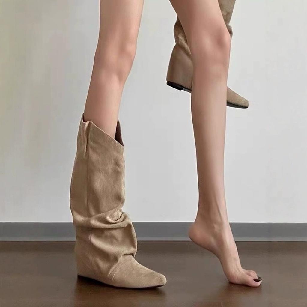 Super Soft Sheepskin~ Brown Western Cowboy Boots Versatile Wasteland Wind Piling Boots Women's Inner Height Increase and Thinness Retro Boots