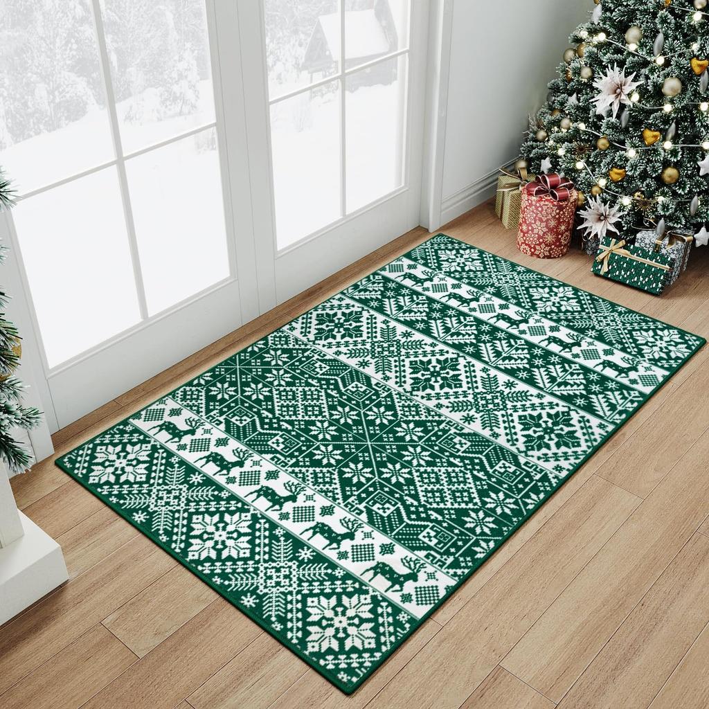 Christmas Large Area Rug Living Room Rug Machine Washable Rugs Low Pile Carpet Indoor Door Mat Red/White Non-Slip Snowflake Rug