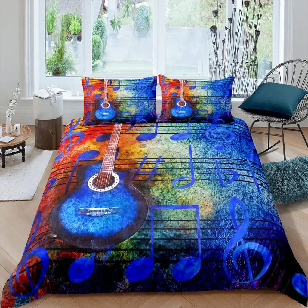 Set Biancheria da Letto Matrimoniale Rock Roll Music King Queen con Federe, Copripiumino con Cuffie e Chitarra, Copripiumino Stile Punk Graffiti in Poliestere