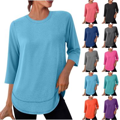 Modisches lässiges Damen-T-Shirt-Oberteil mit Rundhalsausschnitt, Farbe, Dreiviertelärmel