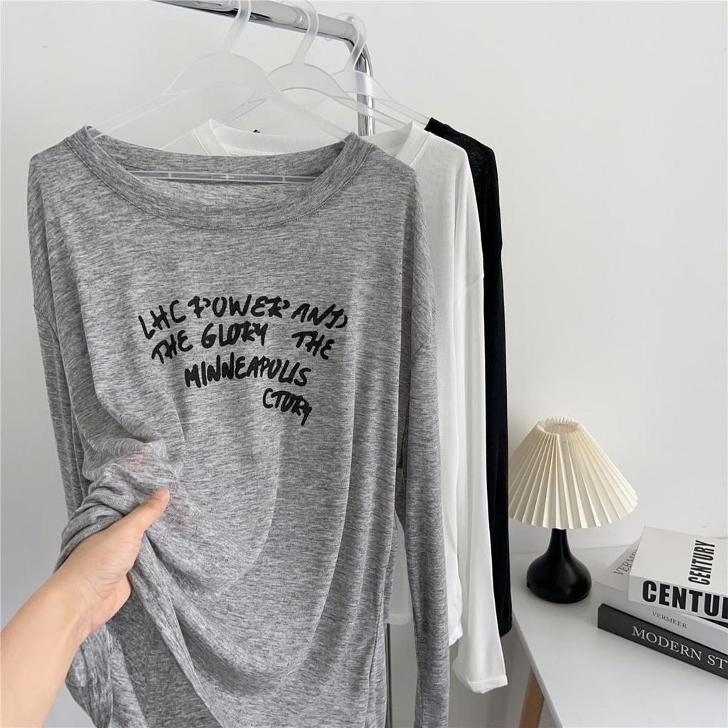 Korean Lazy Style Women's Off-Shoulder Letter Print Sun Protection Long-Sleeve T-Shirt