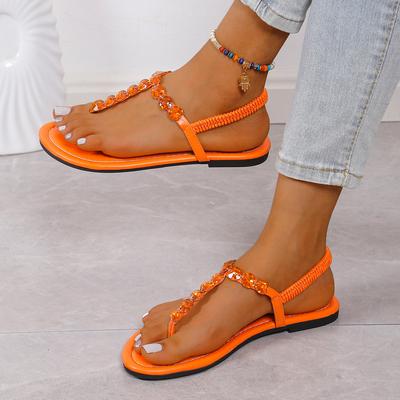 Summer Rhinestone Toe Post Roman Flat Sandals for Women Beach Shoes