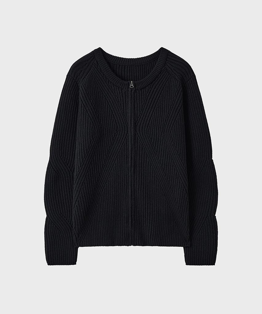 Noirer Wool Ribbed Zip-Up Cardigan (Black)