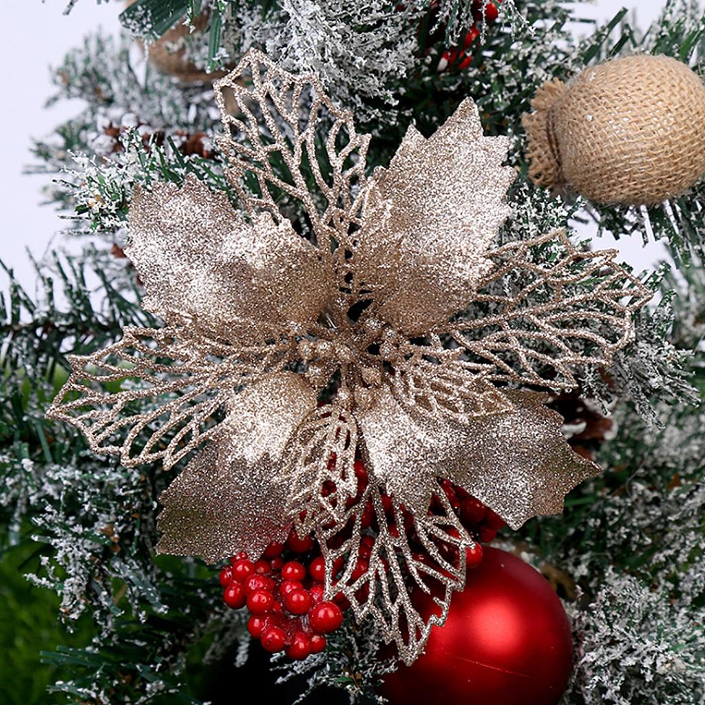 10Pcs Glitter Poinsettia 9cm Artificial Flowers Christmas for Wedding Party Wreath Decoration Black