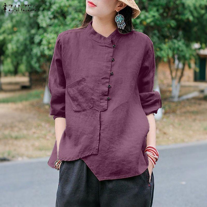 ZANZEA Women Casual Round Neck Solid Color Long Sleeve Retro Blouse