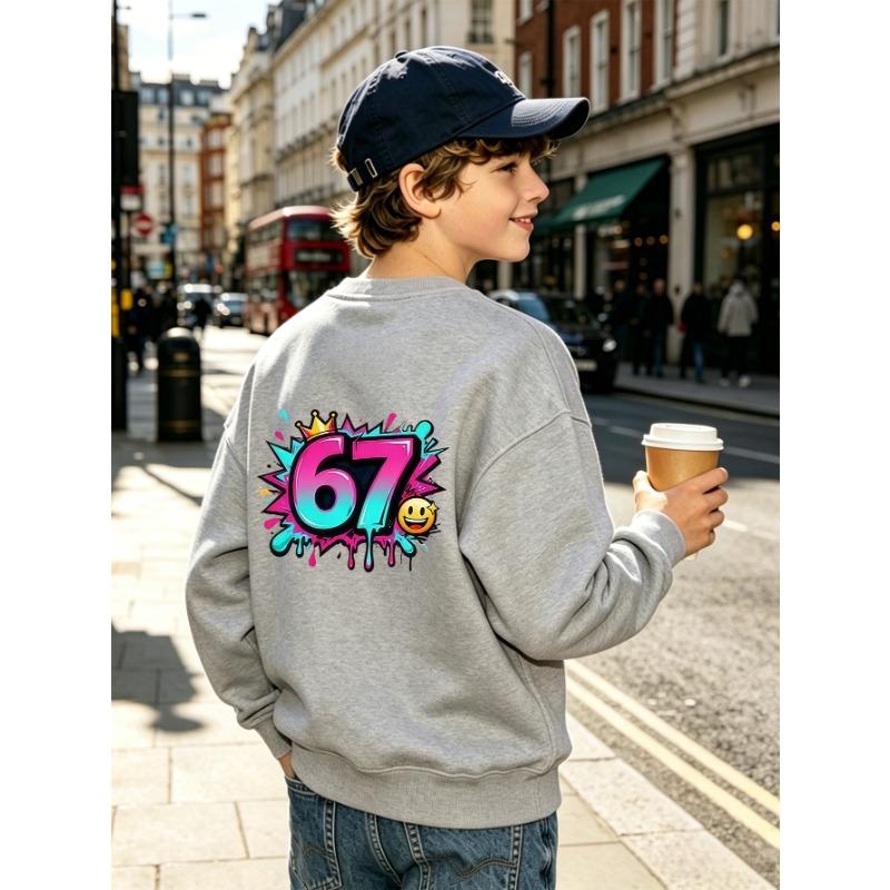 Unisex Kids Crewneck Sweatshirt, Gradient Graffiti Crown Smile Face 67 Print Pullover, Boys Girls Birthday Sweatshirt For Kids Over 4 Years Old