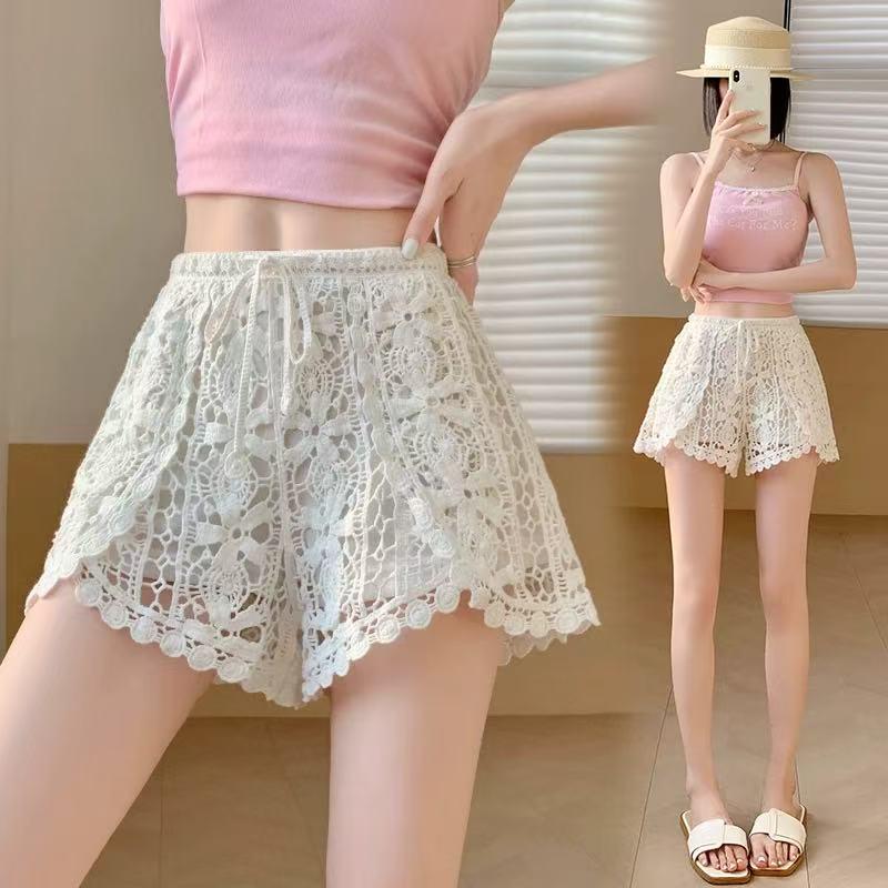 Women's Lace Hollow-Out A-Line High Waist Wide-Leg Three-Quarter Sports Shorts - Summer Anti-Exposure Style