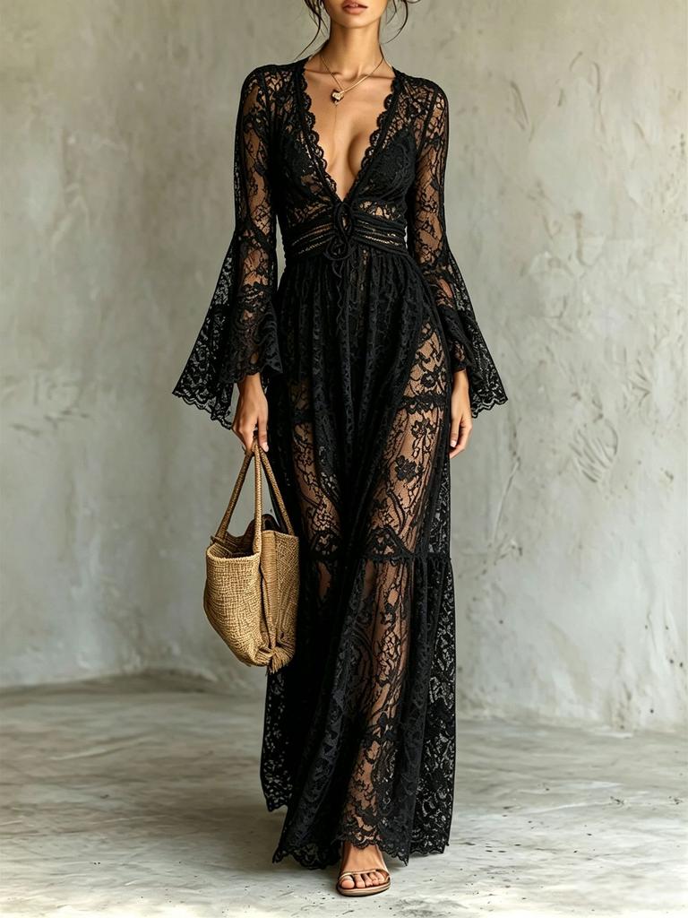 European and American style, lace long-sleeved collar retro dress, slim-fitting and thin long dress women's clothing