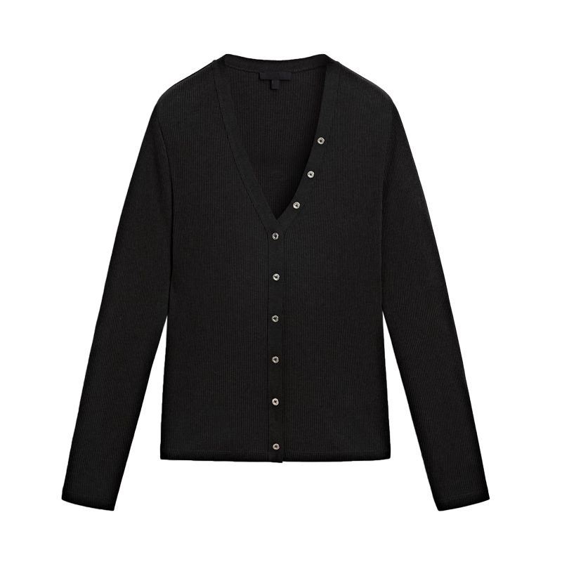MD Spring New Arrival Minimalist Slim Gold Button Long Sleeves Rib Knitting Long Sleeves Tops 6848578