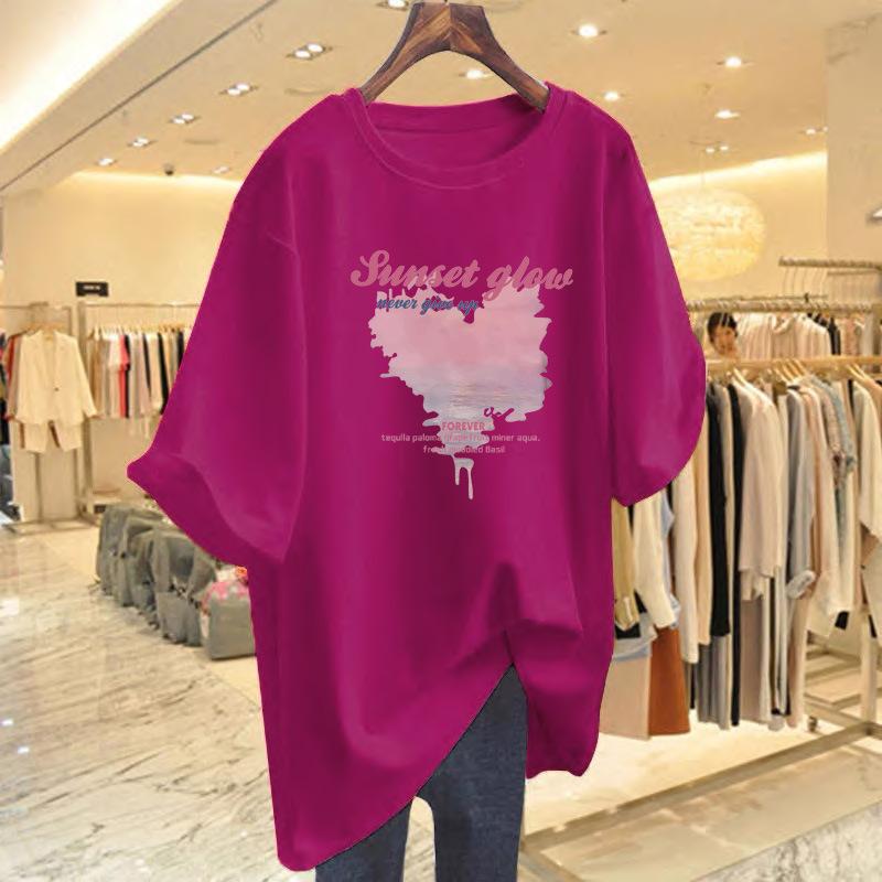 Loose cotton alphabet short-sleeved T-shirt women's medium and long 2025 summer new large version half-sleeved top
