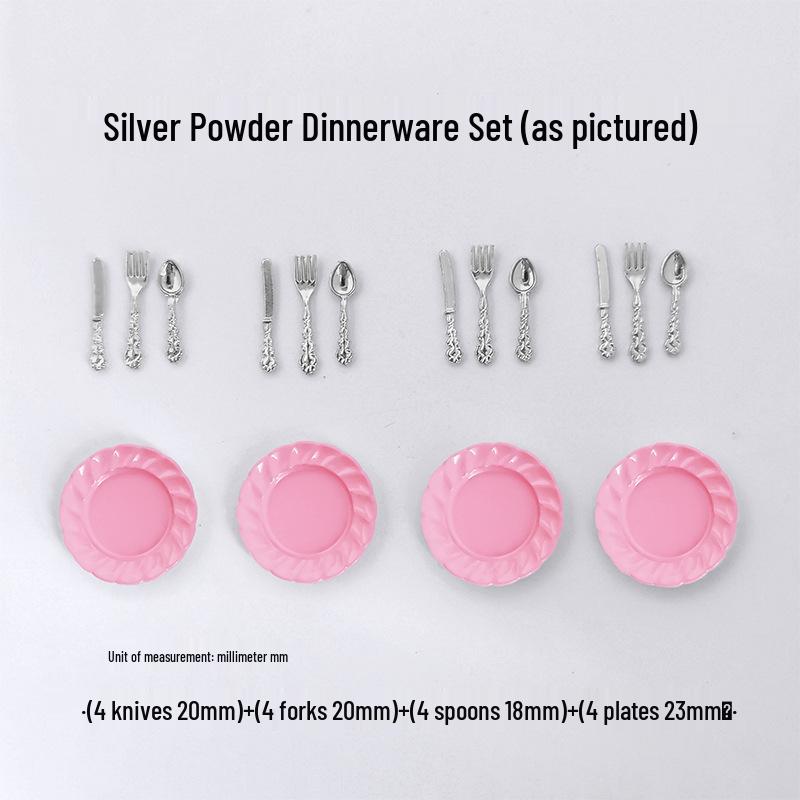 Miniature Dollhouse DIY Model Cake Set: Alloy Plate, Knife, Fork & Spoon Props