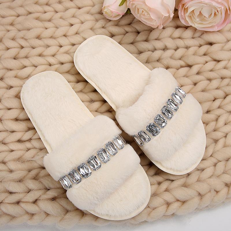 Fashion Rhinestone Fluffy House Slippers for Women 2025 Winter Warm Faux Fur Flat Slides Woman Open Toe One Strap Plush Slippers