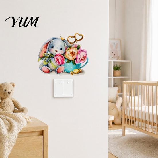 Watercolor Rabbit Wall Decals & Flowers Light Switch Sticker, Cute Bunny Peel And Stick Decal, Creative Home Interior Decor PVC Waterproof Art Decors
