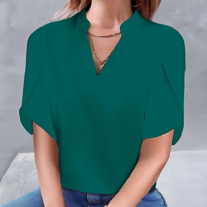 GMXIA Kadın Modası Günlük Düz Renk Desen Kısa Kollu V Yaka Bluzlar ve Gömlekler