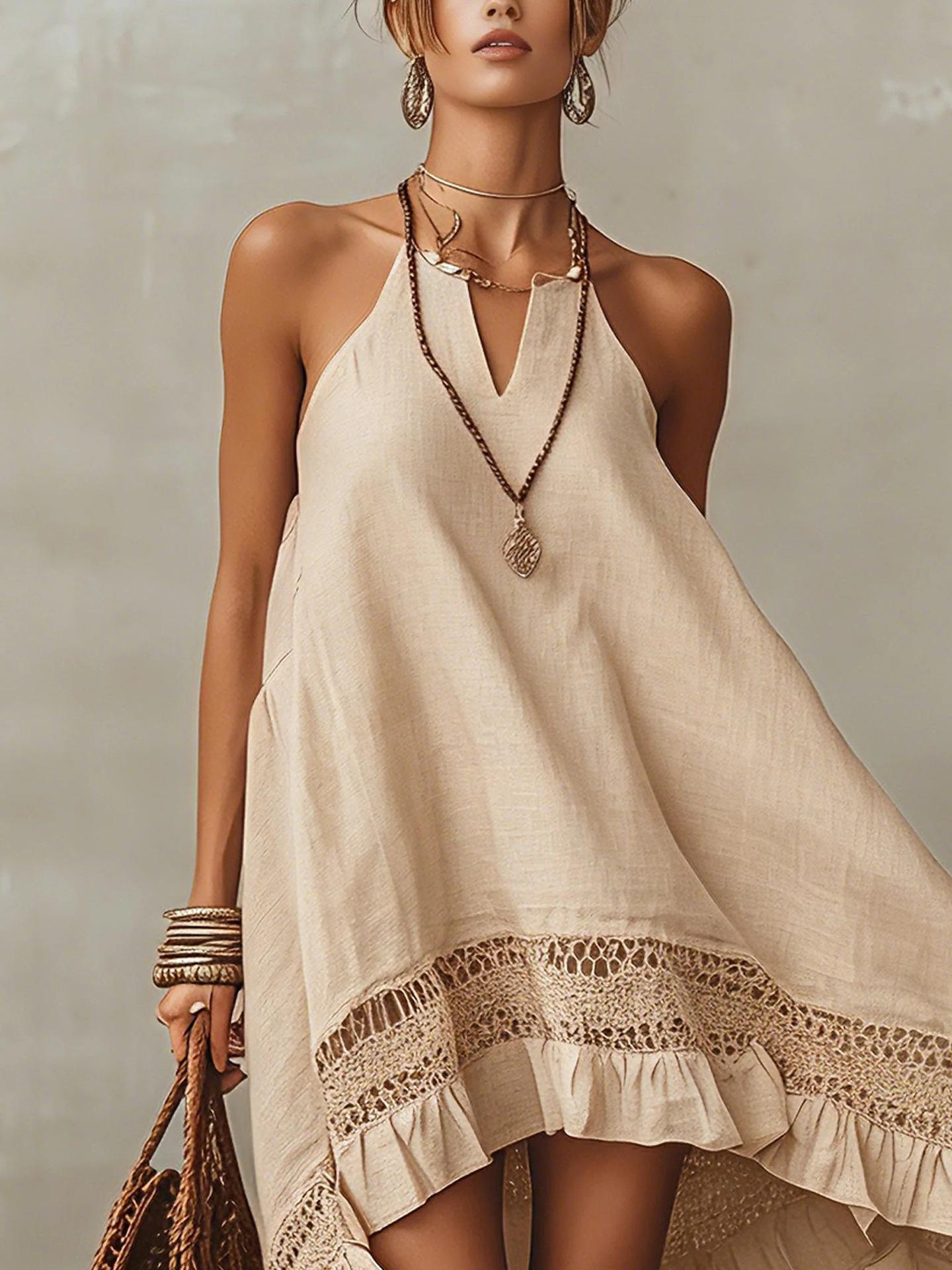 Bohemian neck V-neck hollow lace splicing irregular hem cotton and linen vacation style short dress S