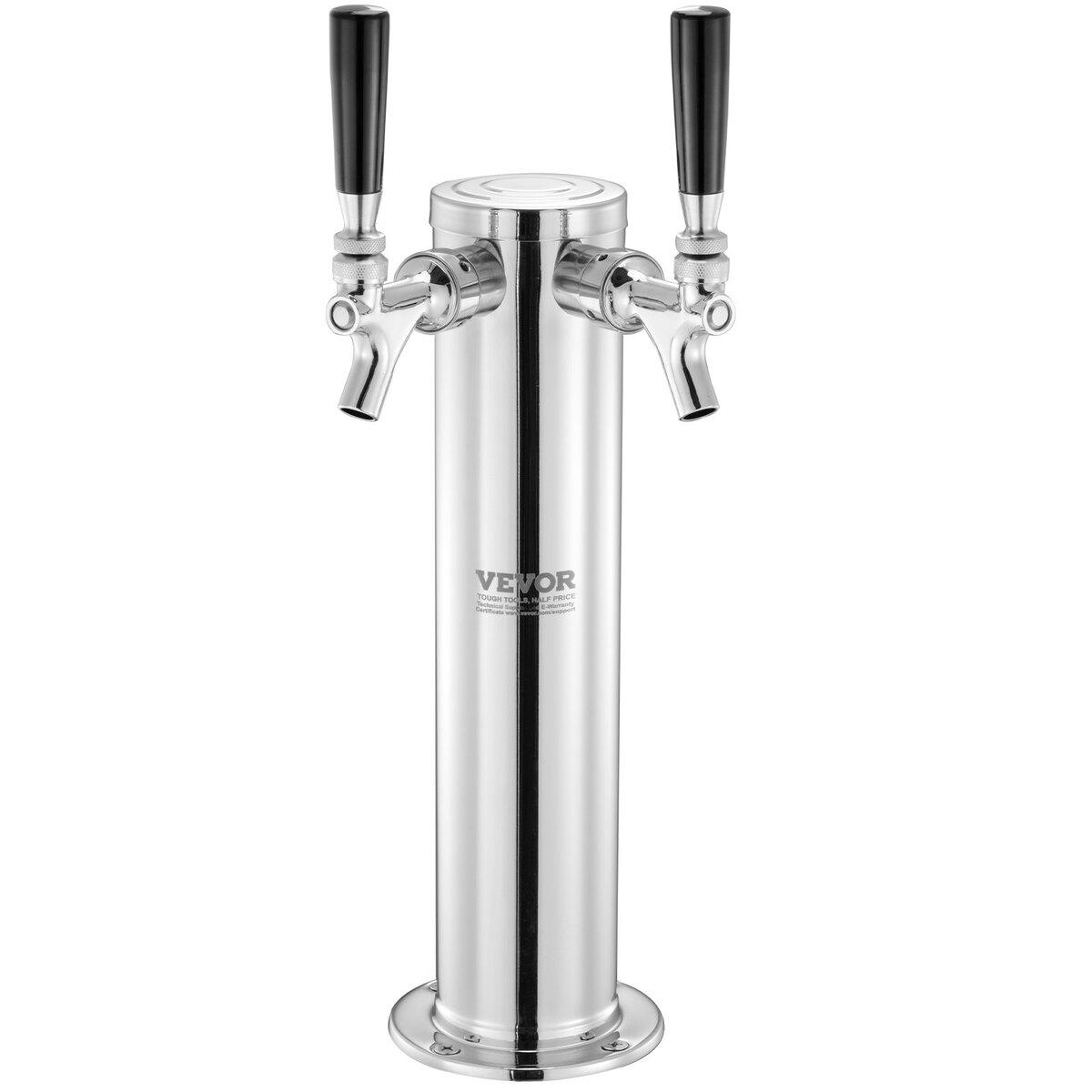 Dvojitý výčapný vežový dávkovač piva, Nerezová veža na sudové pivo, Súprava veže pre kegerator s predmontovaným potrubím a samozatváracími kohútikmi pre