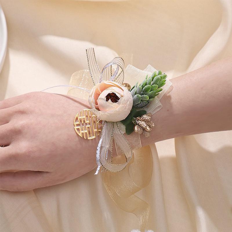 Brățară Exquisită pentru Domnișoare de Onoare cu Flori Artificiale, Panglică Dulce de Nuntă, Fundă cu Perle, Flori de Mână pentru Mireasă, Accesorii de Petrecere, Bal de Promovare, Cadouri
