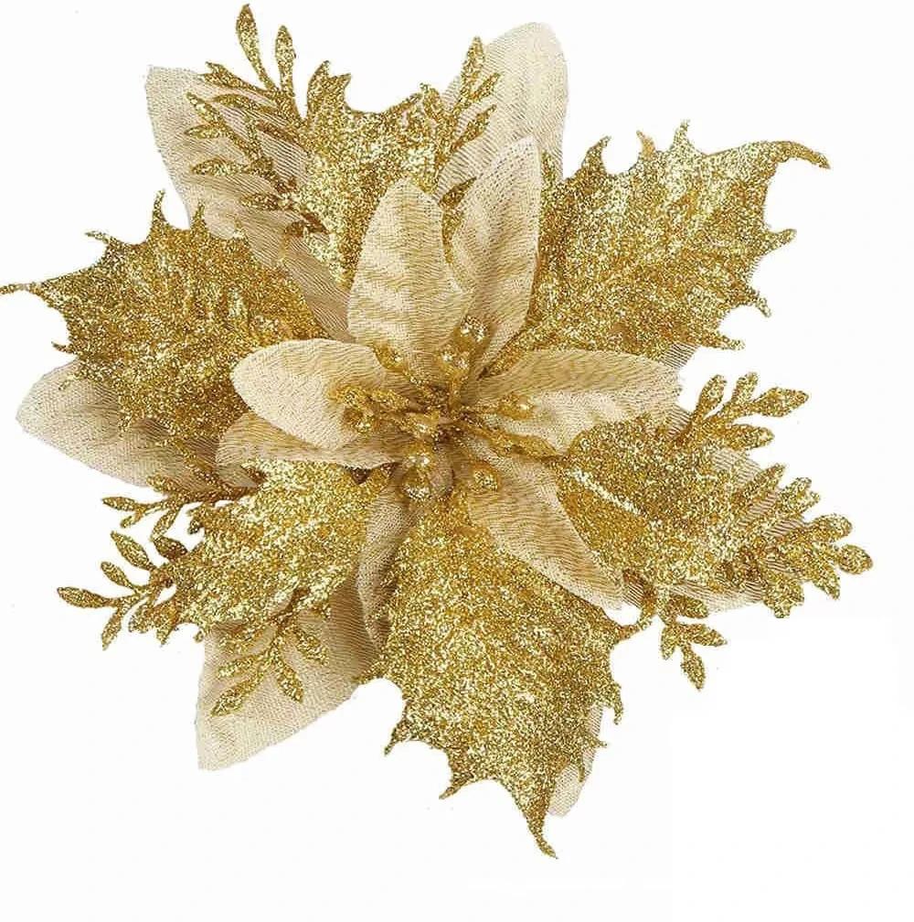 

1/5/10pcs Sparkling Red Golden Silver Poinsettia Artificial Flowers Christmas Tree Ornaments for Xmas New Year party Decoration 1PCS золотий