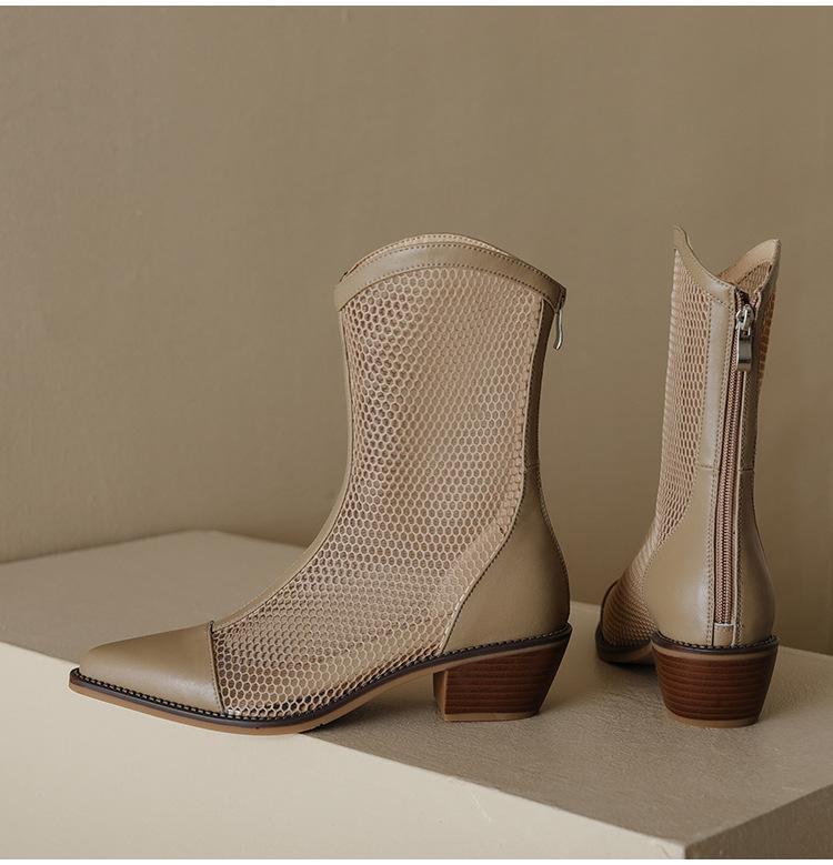 New Soft Leather Women's Boots for Summer 2025, Breathable Mesh with Perforated Thick Heels and Anti-slip Women's Cool Boots