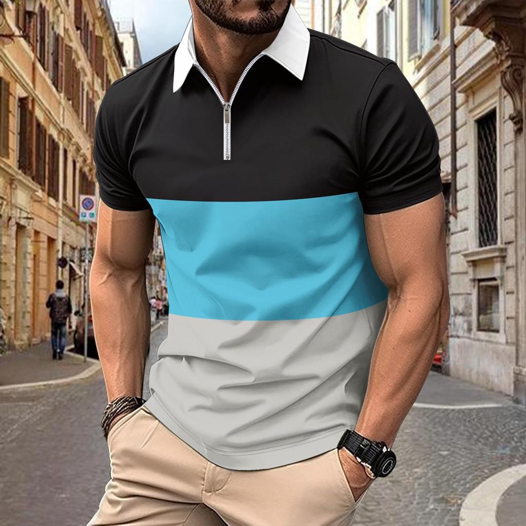 New Summer Men's Casual Polo Shirt with Digital Print Colour-Blocking, Zip-Up Collar Top T-Shirt