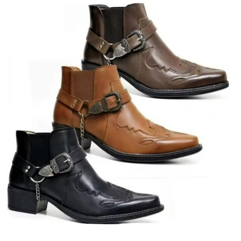 Ręcznie Robione Męskie Buty Vintage Kowbojskie Buty Skórzane Wysokie Casualowe Buty Pasek z Klamrą Punkowe Buty Szpiczasty Nosek Męskie Buty Motocyklowe