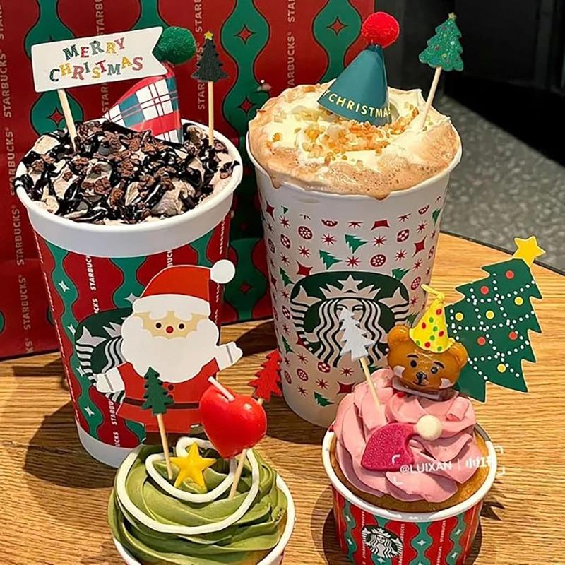 50Pcs/set Christmas Fruit Sticks Disposable Bamboo Sticks Snowflake Christmas Tree Elk Santa Claus Snowman Sticks Xmas Ornaments