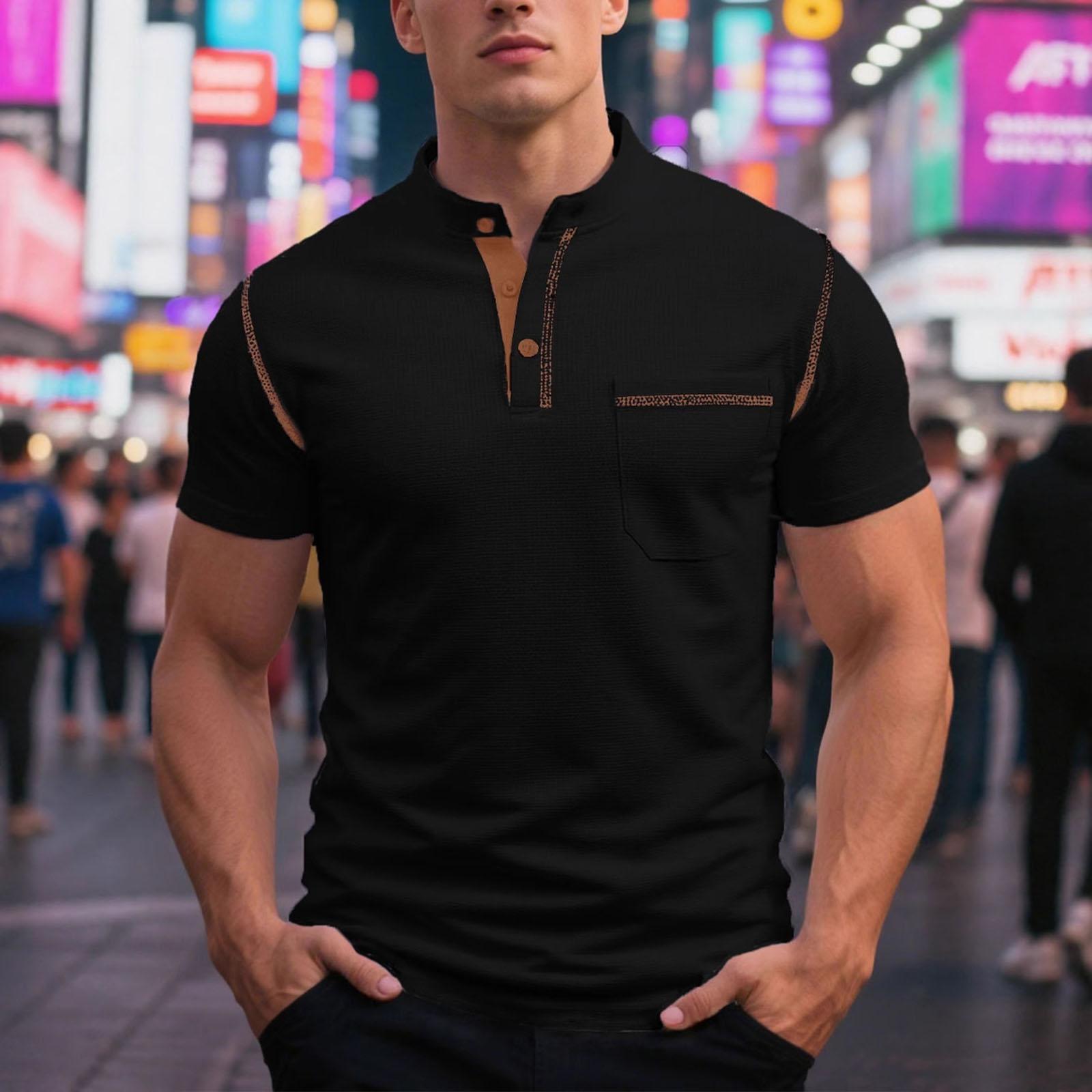 

Men Standing Collar Leisure Short Sleeves T-Shirt L чорний