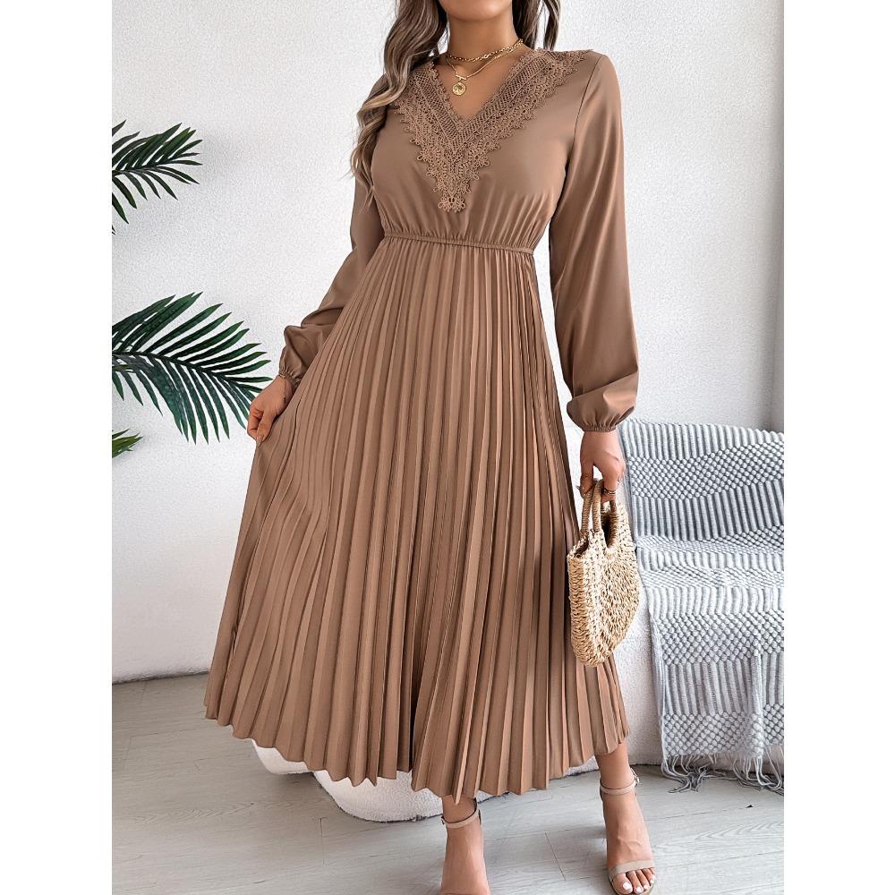 Spring and Summer Elegant Temperament V-neck Lace Waisted Pleated Long Women's Dresses Long Skirts