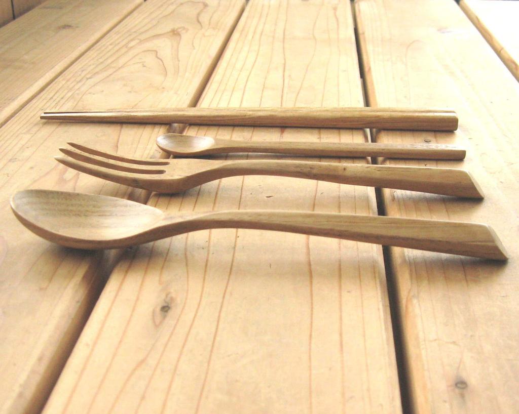 Nagao Chestnut Wood Dinner Cutlery Set and Chopsticks (4 Pieces) Spoon, Fork,