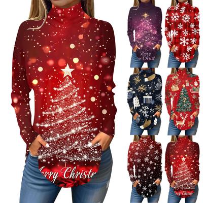 Damen Modisches Lässiges Rollkragen Weihnachts-Print Langarm T-Shirt Pullover Top
