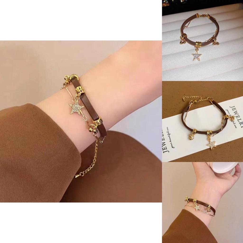 Chic Coffee Color Leather Bracelet For Women With Star Shape Element 2023