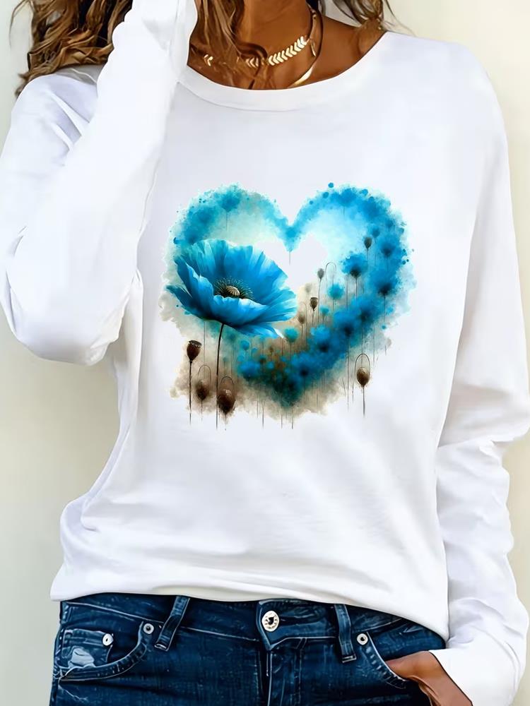(Asian Size) Love Heart Watercolor Trend Tee Lady Printed O-neck Long Sleeve T Shirt Women Female Clothing Casual Fashion Top Graphic T-shirts