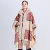 Winter Damen Schal Cape Jacke lose karierte gepolsterte verdickte Pelzkragen gestrickte Tweed Schal Jacke Sieben-Punkt-Ärmel mit Hut