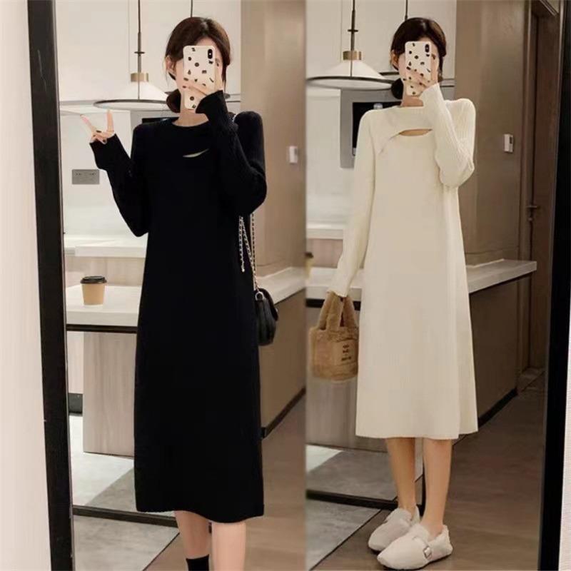 Autumn and Winter New Design Sense Hollow Knitted Primer Dress Women Loose and Thin Medium and Long Inner Sweater Skirt