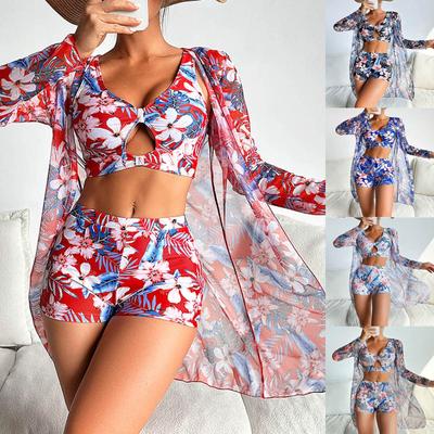 Brasilianisches Bikini-Set Damen Geblümt Bedruckte Strandbekleidung Dreiteilig Push-Up Cover-Up Badeanzug Sexy Schwimmanzug 2025 Badeanzug