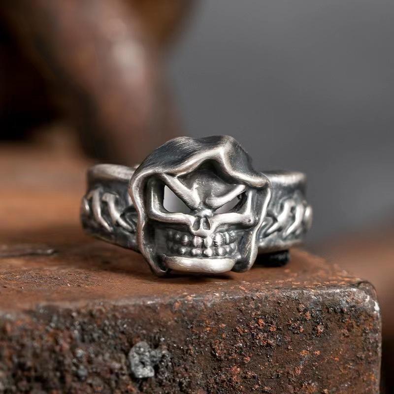 Double Dragon Hooded Skeleton Male Open Ring Q Version Cute Little Devil Punk Ring Single Ring Dark