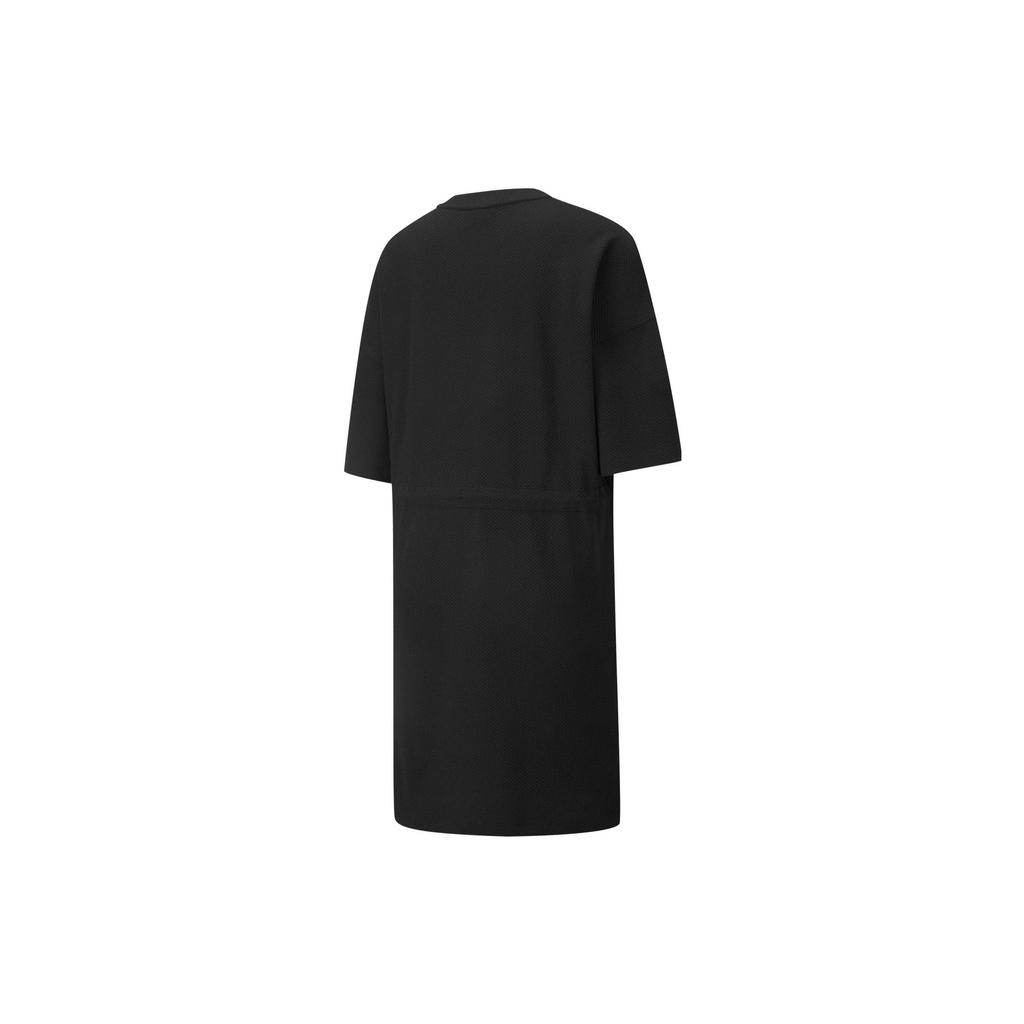 Puma Solid Color Logo Vintage Casual Embroidered Drawstring Breathable Round Neck Pullover Short Sleeve Dress Women Dresses Black 670955-01