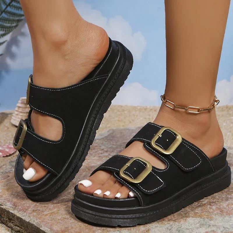 Fashion 2025 Double Buckle Women Shoes Platform Sandals for Women Summer Beach Solid Sandals Brand Woman Plus Size Cow Suede Flat Slides