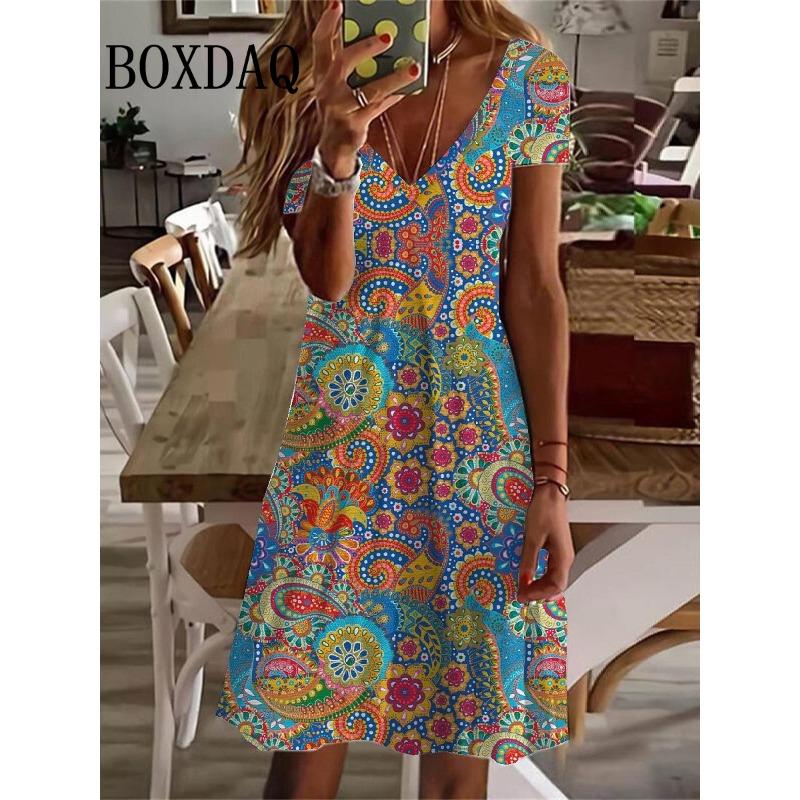 Summer Dress For Women New Sundress Vintage Floral Printed Dress Female Clothes Elegant Casual V-Neck Short Sleeve Party Dresses