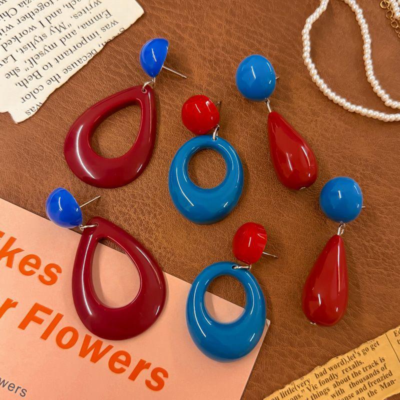 Retro Hong Kong Red Color Block Exaggerated Luxury Dangle Earrings - 2025 Vacation Style
