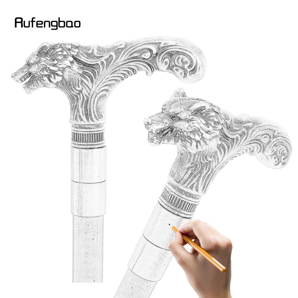 Yellow White Wolf Head Long Handle Decorative Stick Parties Decorative Cane for Halloween Cosplay and Parties Walking Cane 93cm
