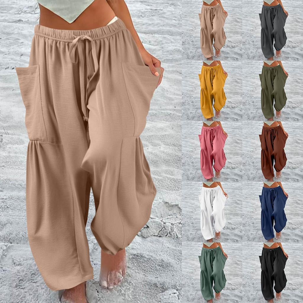 Women Plus Size Wide Leg Pants Middle Waist Summer Baggy Pants With Pockets