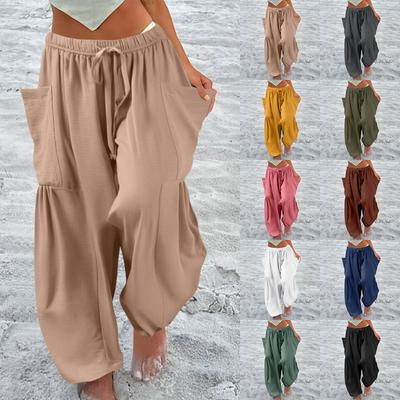 Women Plus Size Wide Leg Pants Middle Waist Summer Baggy Pants With Pockets
